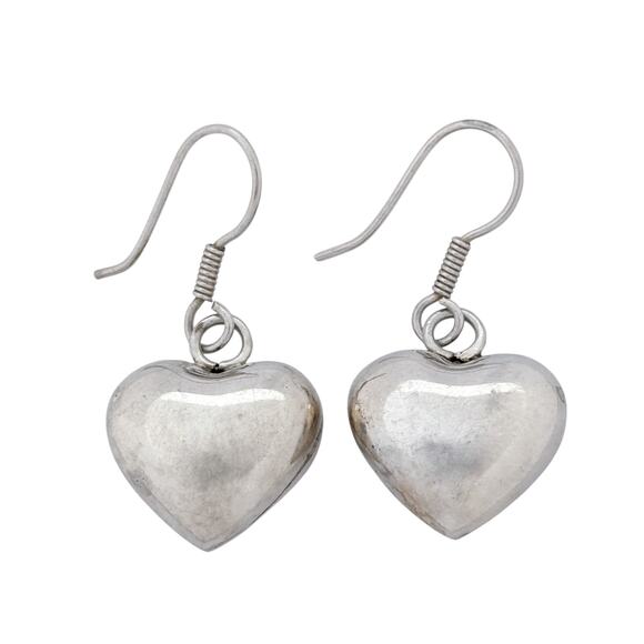 Puffy Heart Dangle Earrings | Vintage Sterling Silver 925 | Romantic Gift - Picture 2 of 5
